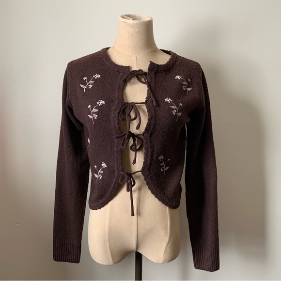 Wild Skyes Sweaters - NWT Wild Skye Brown Embroidered Floral Bow-Tie Sweater Cardigan Eco Aesthetic